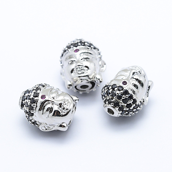 Brass Micro Pave Cubic Zirconia Beads, Buddha, Platinum, 13x11x10mm, Hole: 2mm