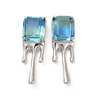 Sky Blue Glass Melting Rectangle Stud Earrings, Rack Plating Brass Jewelry for Women, Cadmium Free & Lead Free, Platinum, 10.5x32mm, Pin: 0.8mm
