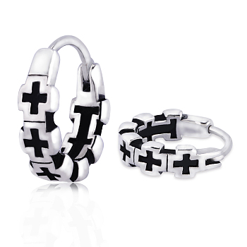 316 Stainless Steel Cross Hoop Earrings for Men Women, Antique Silver, 15x15x4mm, Pin: 1mm