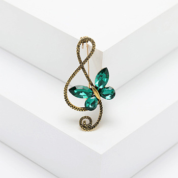 Alloy Rhinestone Safety Pin Brooch, Musical Note with Butterfly, Emerald, 44x23mm