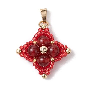 Natural Carnelian(Dyed & Heated) & Glass Seed Beaded Woven Pendants, Star Charms with 304 Stainless Steel Snap on Bails, Golden, 25x25x6mm, Hole: 6.5x3mm