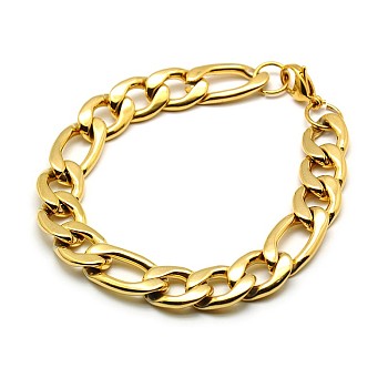 Trendy 304 Stainless Steel Figaro Chain Bracelets, with Lobster Claw Clasps, Golden, 8-5/8 inch(220mm), 12mm