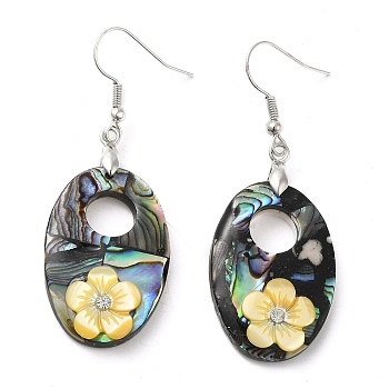 Natural Paua Shell & White Shell Flower Dangle Earrings, with Brass Earring Pins, Oval, 56x21mm