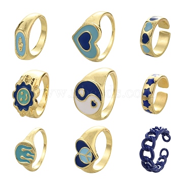 9Pcs 9 Style Alloy Enamel Signet Finger Rings and Cuff Rings Set, Smiling Face & Heart & Star & Yin Yang & Oval Pattern Finger Ring for Women, Cadmium Free & Lead Free, Light Gold, Blue, 5 1/2~8 1/2(16.1~18.5mm), 1pc/style(RJEW-LS0001-58)