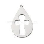 201 Stainless Steel Pendants, Teardrop with Hollow Cross Charms, Laser Cut, Stainless Steel Color, 32.5x19.5x1.5mm, Hole: 1.5mm(SA-CBA9671-09P)