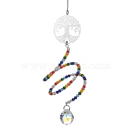 Natural & Dyed Malaysia Jade Bead Pendant Decotations, with Glass Round Charm and 201 Stainless Steel Flat Round with Tree of Life, Colorful, 245mm(HJEW-JM01214)