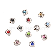 304 Stainless Steel Charms, with Acrylic Rhinestone, Faceted, Birthstone Charms, Heart, Stainless Steel Color, Mixed Color, 8.2x7.2x3.2mm, Hole: 1mm(STAS-I165-05P)