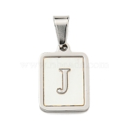 304 Stainless Steel Pave Natural White Shell Pendants, Rectangle with Letter Charms, Stainless Steel Color, Letter J, 17.5x12x1.5mm, Hole: 6x3mm(STAS-S130-03P-J)