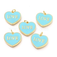 Brass Enamel Pendants, Long-Lasting Plated, Real 18K Gold Plated, with Jump Rings, for Valentine's Day, Heart with Word LOVE, Turquoise, 17.5x20x2.5mm, Hole: 3mm(X-KK-B027-03G-E)