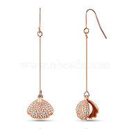 SHEGRACE Brass Dangle Earrings, with Cubic Zirconia and Shell Pearl, Scallop Shell Shape, Rose Gold, 50mm(JE861A)