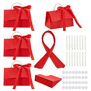 Wedding Favors Candy Box DIY Set, including 1 Sheet Craft Papar, 1Pc Ribbon, 1Pc Beaded Handle, 2 Pairs Round Hook & Loop, for Making Handbag Shaped Paper Gift Package Box, Red, 9.9x5.6x6.4cm(DIY-WH0250-73C)