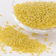 Round Glass Seed Beads, Trans. Colours Lustered, Yellow, Size: about 2mm in diameter, hole: 1mm, about 3306pcs/50g(X-SEED-A006-2mm-110)