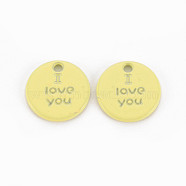 Spray Painted Alloy Charms for Valentine's Day, Cadmium Free & Lead Free, Flat Round with Phrase I Love You, Yellow, 13x13x1.5mm, Hole: 1.6mm(PALLOY-Q433-027D-RS)