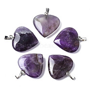 Natural Amethyst Pendants, with Platinum Plated Brass Snap On Bails, Heart, 26~27x25~26x6~7mm, Hole: 7x2mm(G-S364-081B-01)