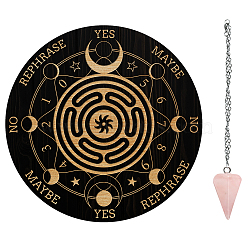 AHADEMAKER 1Pc Cone/Spike/Pendulum Natural Rose Quartz Stone Pendants, 1Pc 304 Stainless Steel Cable Chain Necklaces, 1Pc PVC Custom Pendulum Board, Dowsing Divination Board, Moon Pattern, Board: 200x4mm(DIY-GA0004-59C)