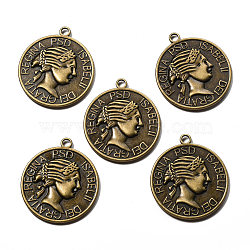 Tibetan Style Alloy Pendants, Lead Free and Cadmium Free, Flat Round, Antique Bronze Color, about 40mm long, 35mm wide, 2mm thick, hole: 2mm(X-EA13483Y-AB)