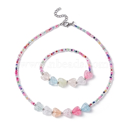 Acrylic Heart & Seed Beaded Necklace & Stretch Bracelet, Jewelry Set for Kids, Colorful, 14 inch(35.6cm), 2 inch(5cm) Inner Diameter(SJEW-JS01280)