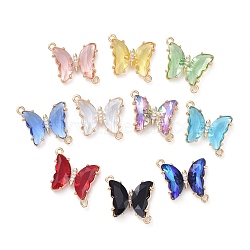 Glass Links Connectors, with Brass Micro Pave Cubic Zirconia, Faceted, Butterfly, Light Gold, Mixed Color, 20x20x4mm, Hole: 1.5mm(ZIRC-P079-F01-M)