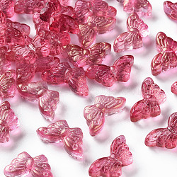 Transparent Spray Painted Glass Beads, with Glitter Powder, Butterfly, Cerise, 8x15x4.5mm, Hole: 1mm(GLAA-S190-018A-02)