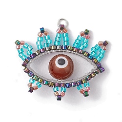 Seed Glass & Lampwork Pendant, with 304 Stainless Steel, Eye, with Jump Ring, Saddle Brown, 28x36x10mm(PALLOY-MZ00242-01)