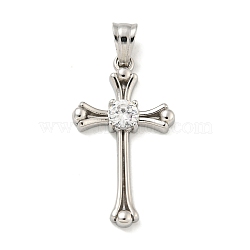 304 Stainless Steel Cubic Zirconia Pendants, Cross Charm, Stainless Steel Color, 31x18x4mm, Hole: 6x4.5mm(X-STAS-C102-02P)