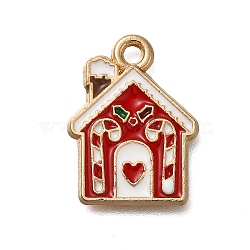 Christmas Theme Alloy Enamel Pendants, House with Candy Cane Charm, Golden, Red, 17.5x13x1mm, Hole: 1.6mm(ENAM-S021-03G)