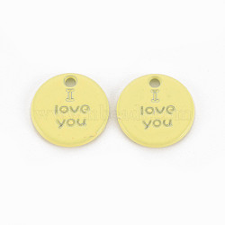 Spray Painted Alloy Charms for Valentine's Day, Cadmium Free & Lead Free, Flat Round with Phrase I Love You, Yellow, 13x13x1.5mm, Hole: 1.6mm(PALLOY-Q433-027D-RS)