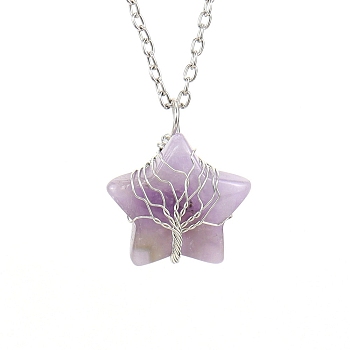 Natural Amethyst Star Pendant Necklace, with Platinum Alloy Chains, 20.87 inch(53cm)