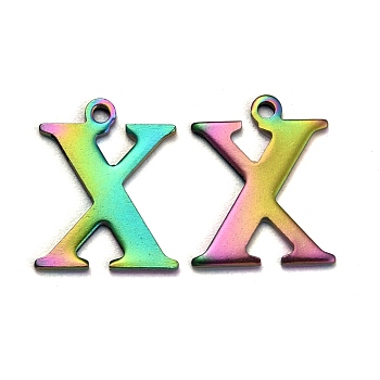 Ion Plating(IP) 304 Stainless Steel Alphabet Charms, Rainbow Color, Letter.X, 12x10x1mm, Hole: 1mm