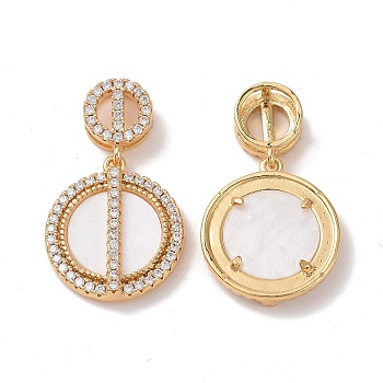 Brass Rhinestone Pendants, with Natural Shell, Flat Round, Golden, 30x17.5x5mm, Hole: 5mm