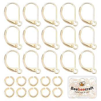20 Pair Brass Leverback Earring Findings, with Loops & 40Pcs 304 Stainless Steel Open Jump Rings, Real 18K Gold Plated, 16x12x2mm, Hole: 1.5mm