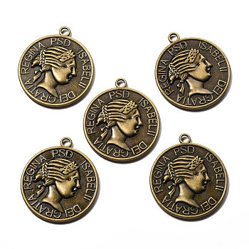 Tibetan Style Alloy Pendants, Lead Free and Cadmium Free, Flat Round, Antique Bronze Color, about 40mm long, 35mm wide, 2mm thick, hole: 2mm