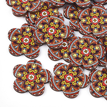 Printed Basswood Pendants, Back Random Color, Flower, Coral, 33.5x34.5x3mm, Hole: 1.5mm