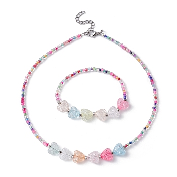 Acrylic Heart & Seed Beaded Necklace & Stretch Bracelet, Jewelry Set for Kids, Colorful, 14 inch(35.6cm), 2 inch(5cm) Inner Diameter