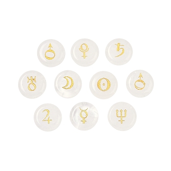 10Pcs 10 Styles Natural Quartz Crystal Cabochons, Flat Round with Gold Stamping Pattern, 18~18.5x4.5~6mm, 1pc/style