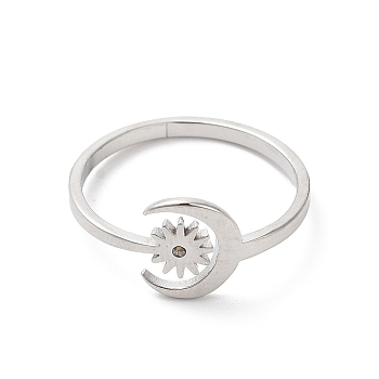 304 Stainless Steel Moon & Sun Open Cuff Ring for Women, Stainless Steel Color, Inner Diameter: 17mm