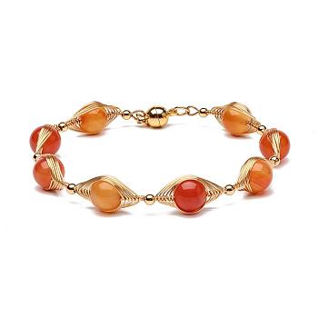 Natural Carnelian Beaded Bracelets for Men Women, with Brass & 304 Stainless Steel Finding, Magnetic Clasps, 7-1/2 inch(19cm), Bead: 8.7mm