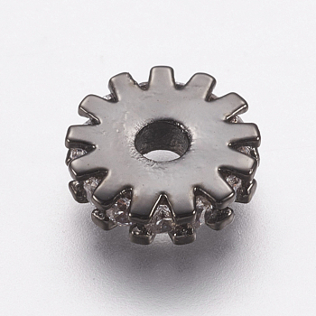 Brass Micro Pave Cubic Zirconia Bead Spacers, Flat Round/Gear, Clear, Gunmetal, 8x2mm, Hole: 2mm
