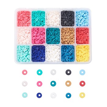 15 Colors Handmade Polymer Clay Beads, Disc/Flat Round, Heishi Beads, Mixed Color, 4x1mm, Hole: 1mm, 15colors, about 380~400pcs/color, 5700~6000pcs/box
