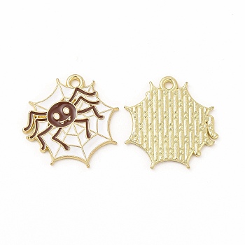 Rack Plating Halloween Alloy Enamel Pendants, Cadmium Free & Nickel Free & Lead Free, Spider Web with Spider, Light Gold, Saddle Brown, 20.5x20.5x1.5mm, Hole: 1.6mm