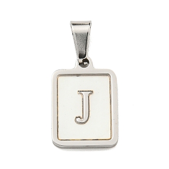 304 Stainless Steel Pave Natural White Shell Pendants, Rectangle with Letter Charms, Stainless Steel Color, Letter J, 17.5x12x1.5mm, Hole: 6x3mm