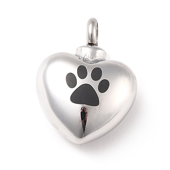 304 Stainless Steel Urn Pendants, Heart with Paw Print Pattern, Stainless Steel Color, 26x19.5x11.5mm, Hole: 5mm