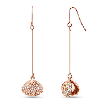 SHEGRACE Brass Dangle Earrings, with Cubic Zirconia and Shell Pearl, Scallop Shell Shape, Rose Gold, 50mm