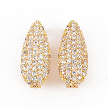 Brass Micro Pave Clear Cubic Zirconia Twister Clasps, Nickel Free, Teardrop, Real 18K Gold Plated, 21x9x10mm, Hole: 1.2mm