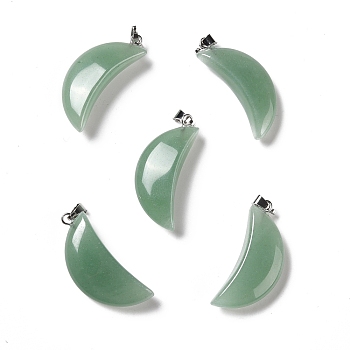 Natural Green Aventurine Pendants, with Platinum Tone Brass Findings, Moon, 32~34x13~15x8~9mm, Hole: 2x6mm
