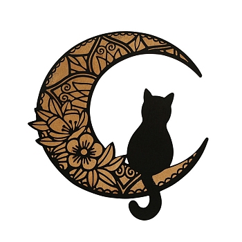 Cat and Moon Wood Wall Decoration, for Living Room Bedroom Farmhouse Indoor Outdoor, Black, 310x295x5mm