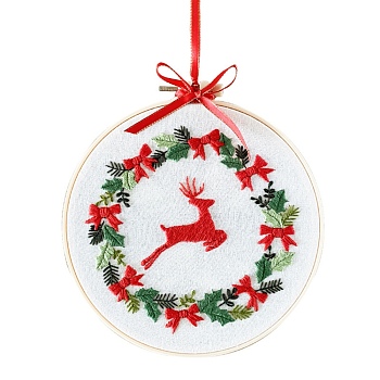 Christmas Themed DIY Embroidery Cup Mat Sets, Including Imitation Bamboo Embroidery Frame, Iron Pins, Embroidered Cloth, Cotton Colorful Embroidery Threads, Reindeer Pattern, 30x30x0.05cm