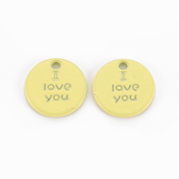 Spray Painted Alloy Charms for Valentine's Day, Cadmium Free & Lead Free, Flat Round with Phrase I Love You, Yellow, 13x13x1.5mm, Hole: 1.6mm