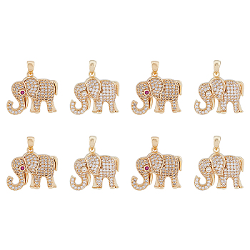 8Pcs 2 Colors Ion Plating(IP) Brass Micro Pave Cubic Zirconia Pendants, Real 18K Gold Plated, Elephant, Mixed Color, 18x20x5mm, Hole: 5x3mm, 4pcs/color