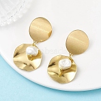 201 Stainless Steel Shell Pearl Flat Round Dangle Stud Earrings, Golden, 48x23mm(EJEW-JE06751-01)